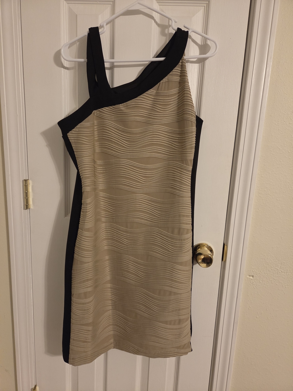 Valerie Bertinelli One-Shoulder Beige and Black Sheath Dress